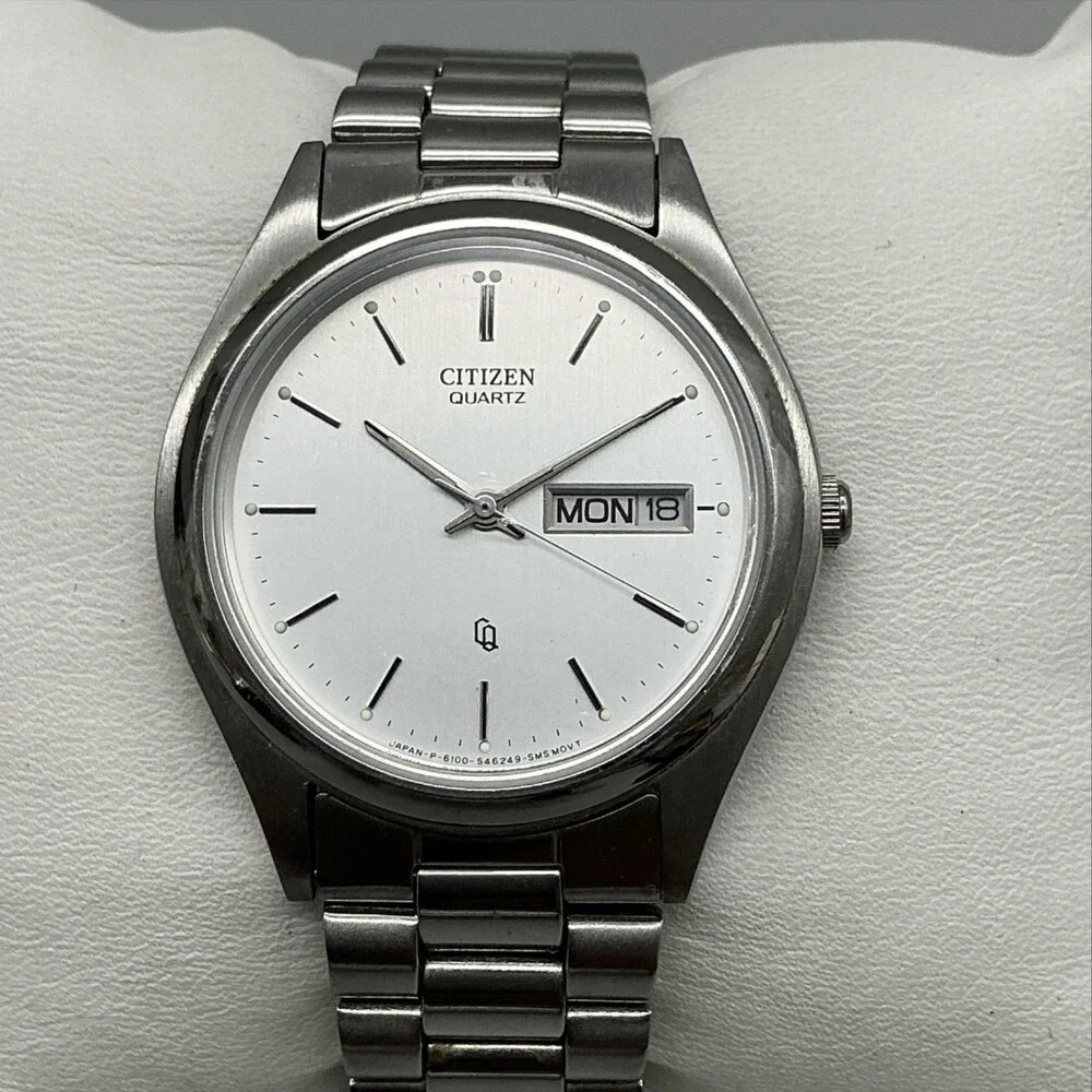 Vintage Citizen Mens Watch 35mm 4-S13823 Stainless Day Date New Battery 7